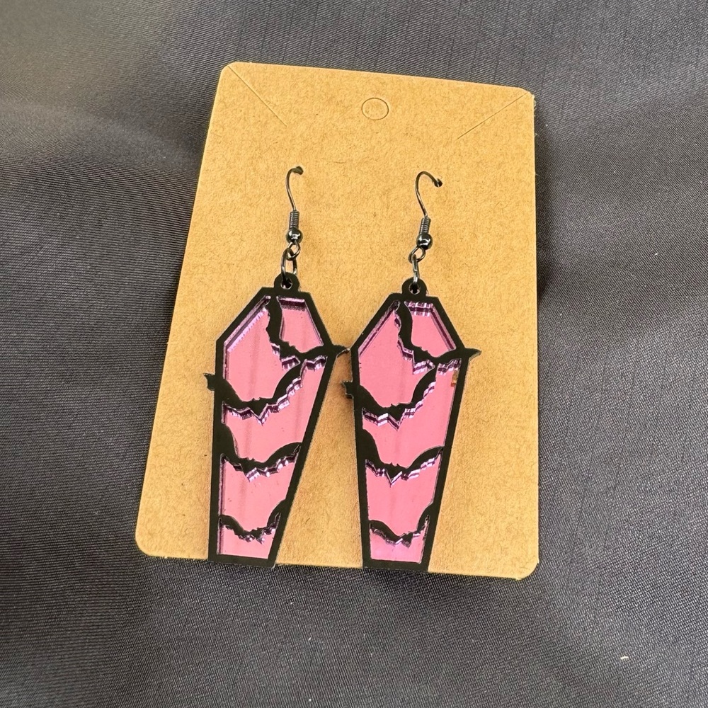 Pink Coffin Fashion Earrings With Bats